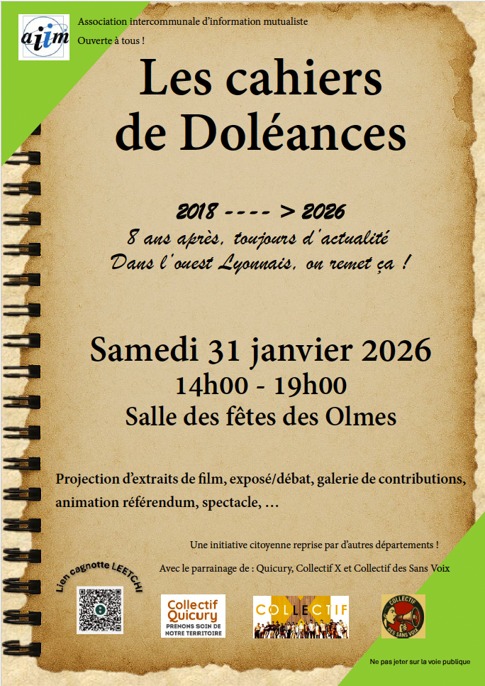 Cahiers de doléances, et maintenant ? Salle des fêtes de Les Olmes, samedi 31 janvier 2026 de 14h/19h (Rhône)